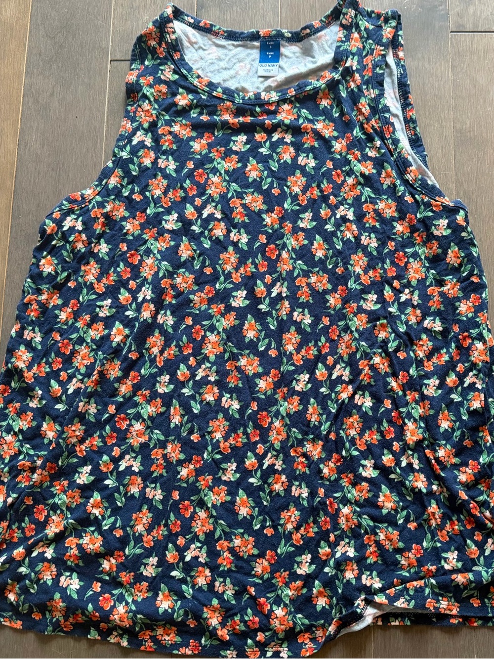 Old Navy Navy Floral Tank Top with Orange & Green Print